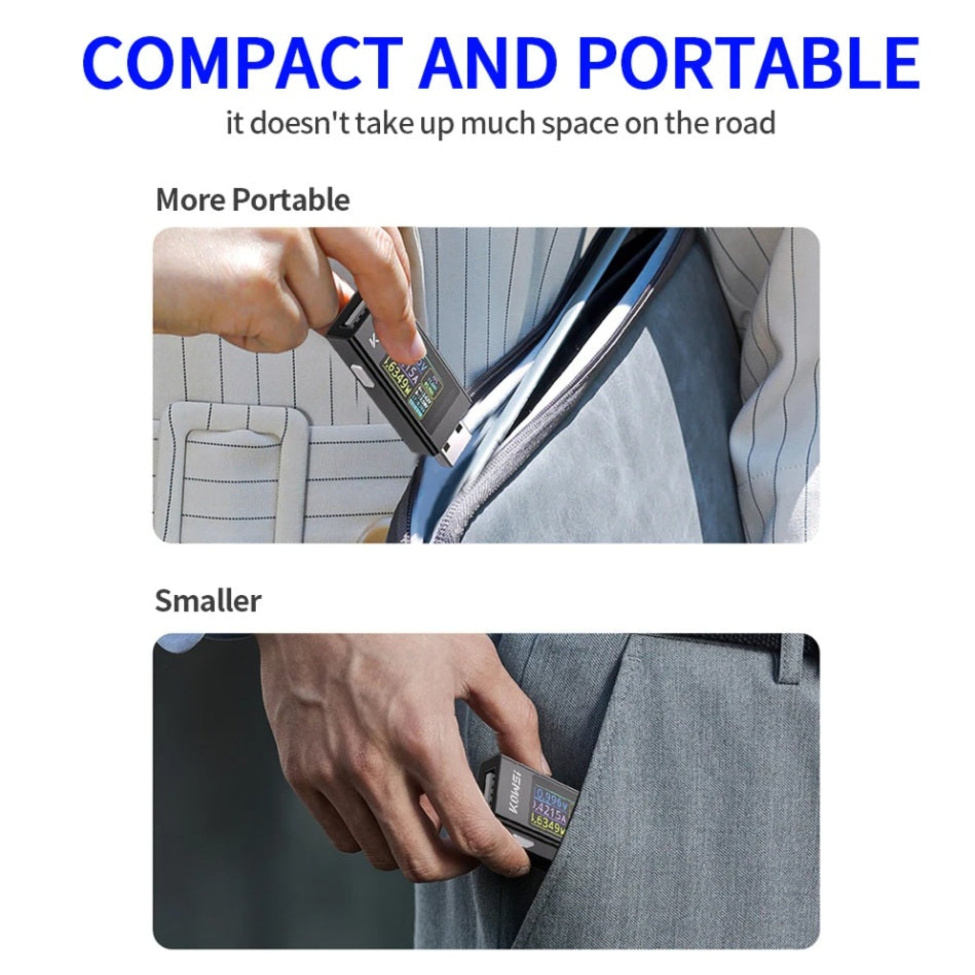 Compact and portable KWS-MX23 USB voltage tester being placed in a pocket and travel bag for easy transport.