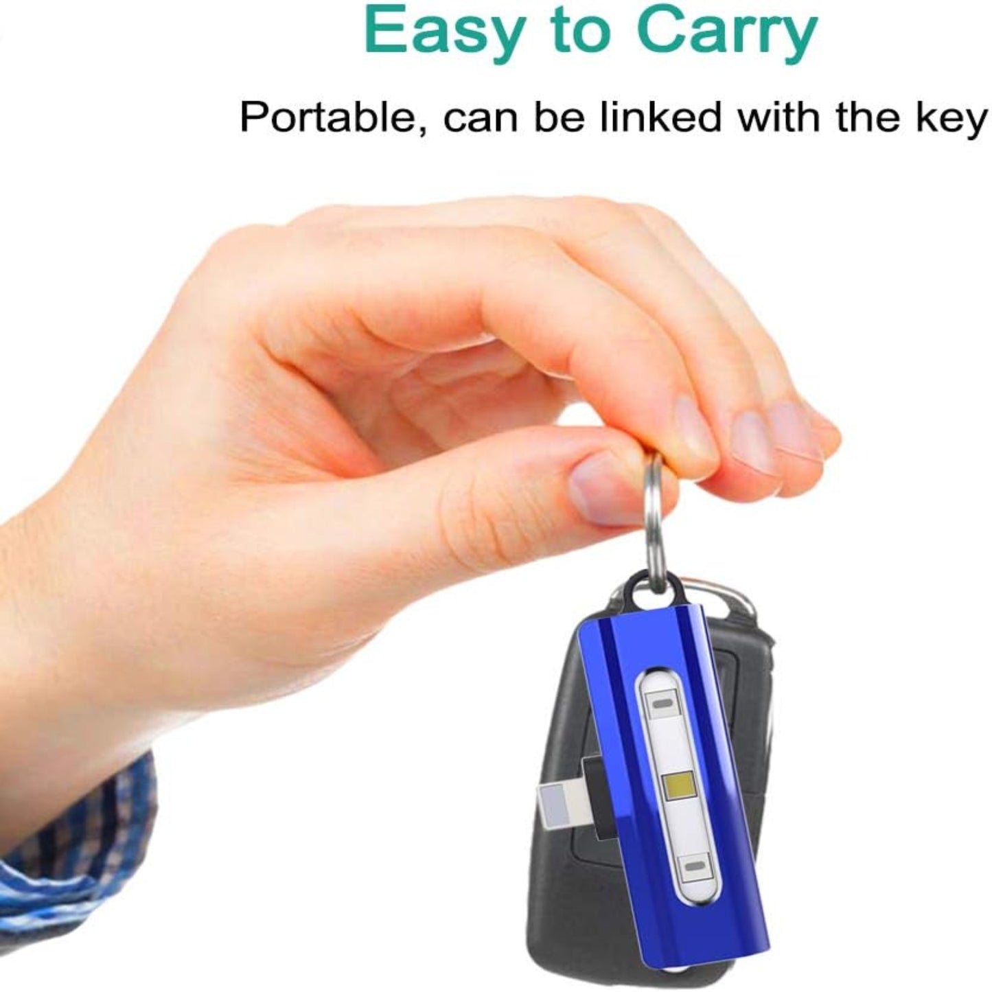 Lightweight UV sterilizer keychain in hand, demonstrating compact 13g size