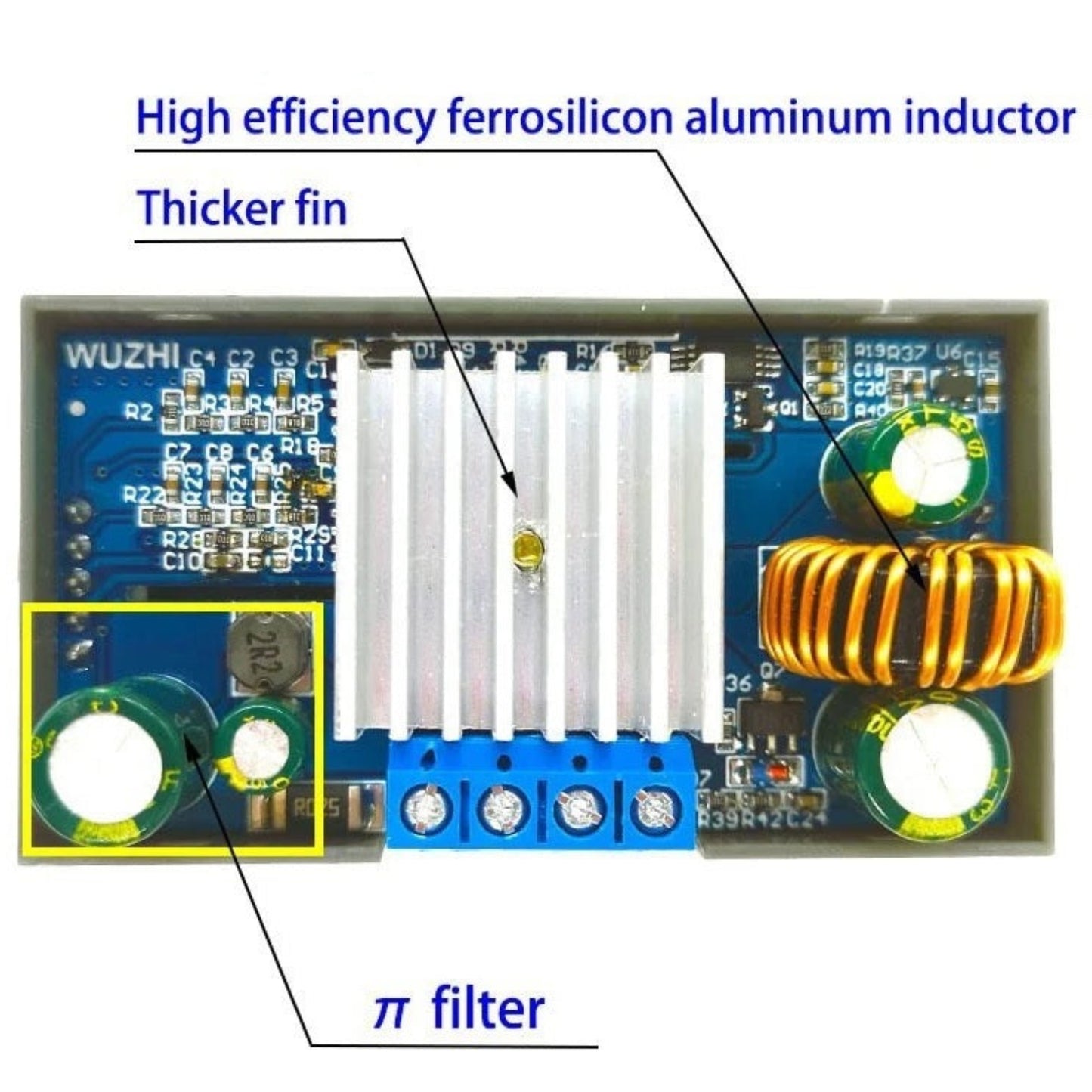 Internal circuit board of the power module highlighting the thick heatsink, pi filter, and ferrosilicon aluminum inductor.