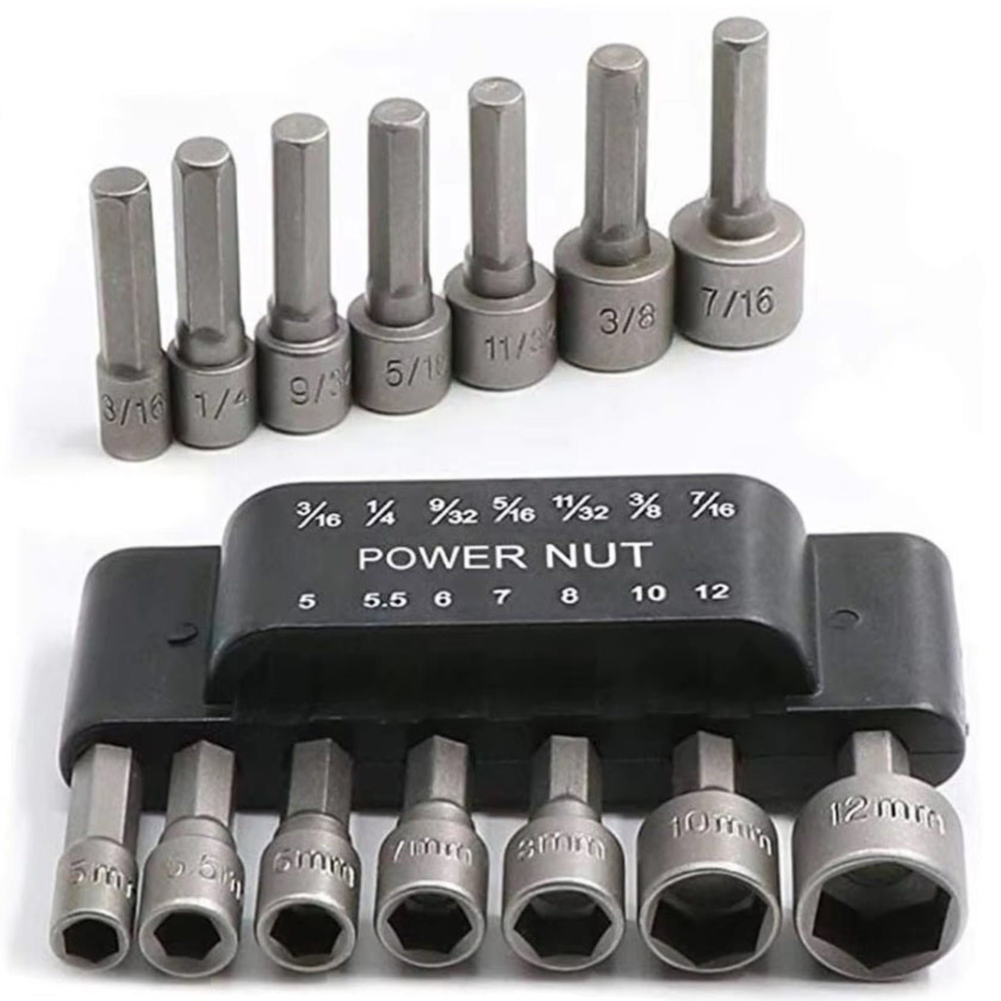 14PCS Hexagon Nut Driver Drill Bit Set with sizes 1/4 to 12mm for electric screwdrivers and woodworking.