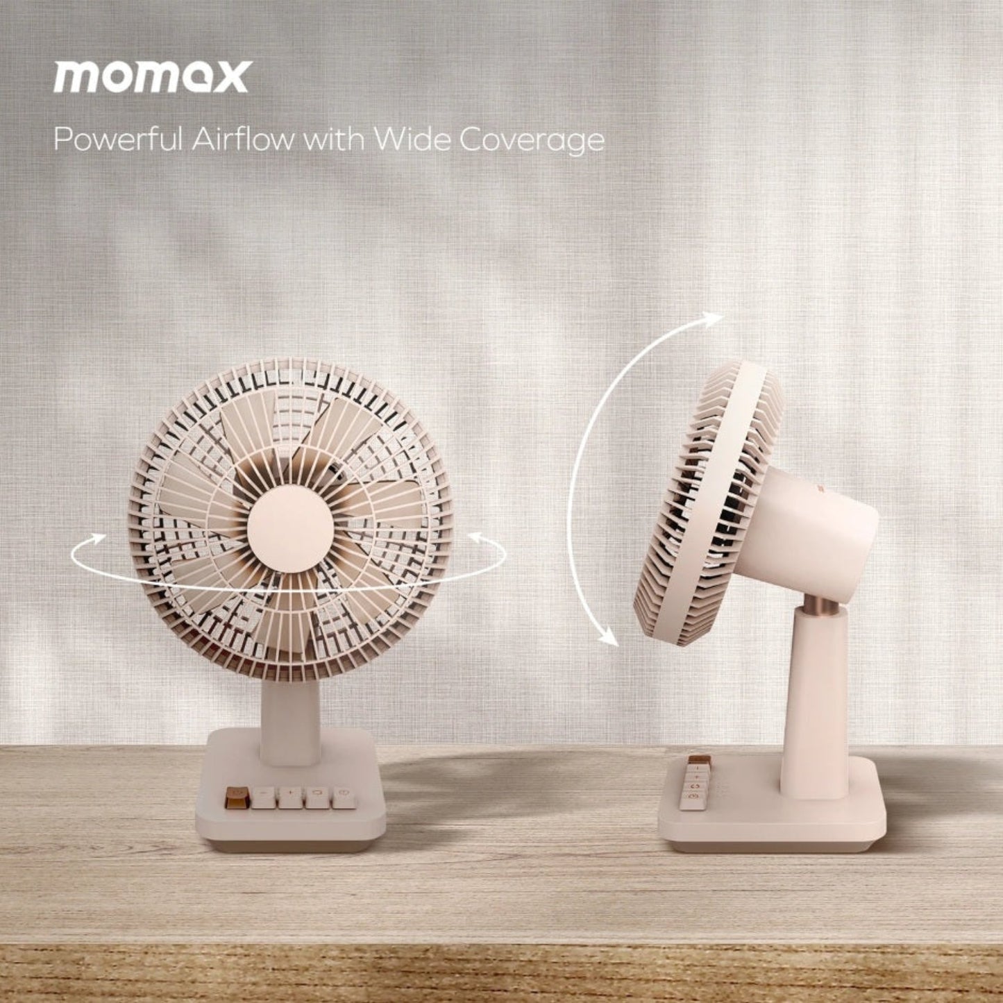 Front view focusing on the aerodynamic blades of the ultra-quiet Momax desktop fan.