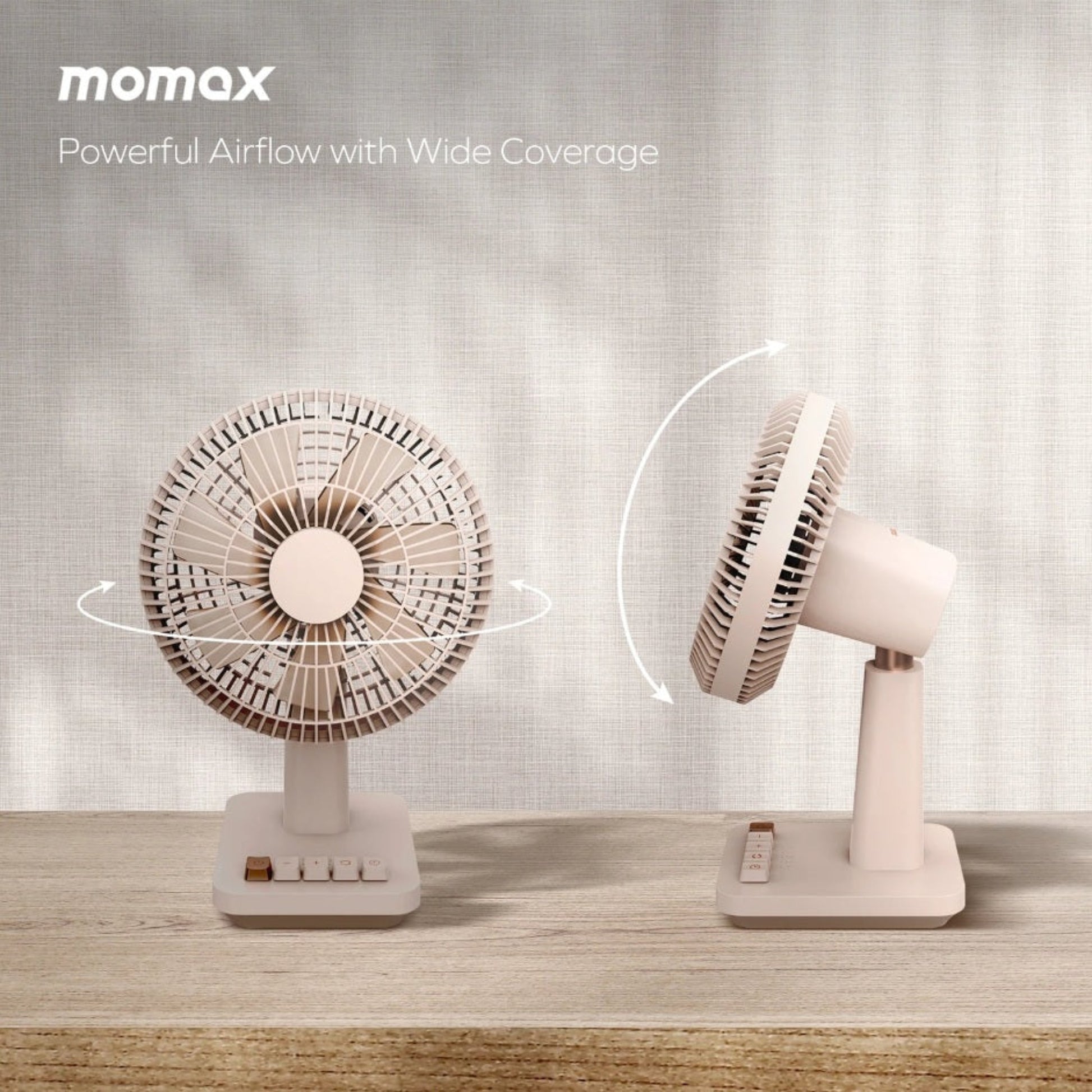 Front view focusing on the aerodynamic blades of the ultra-quiet Momax desktop fan.