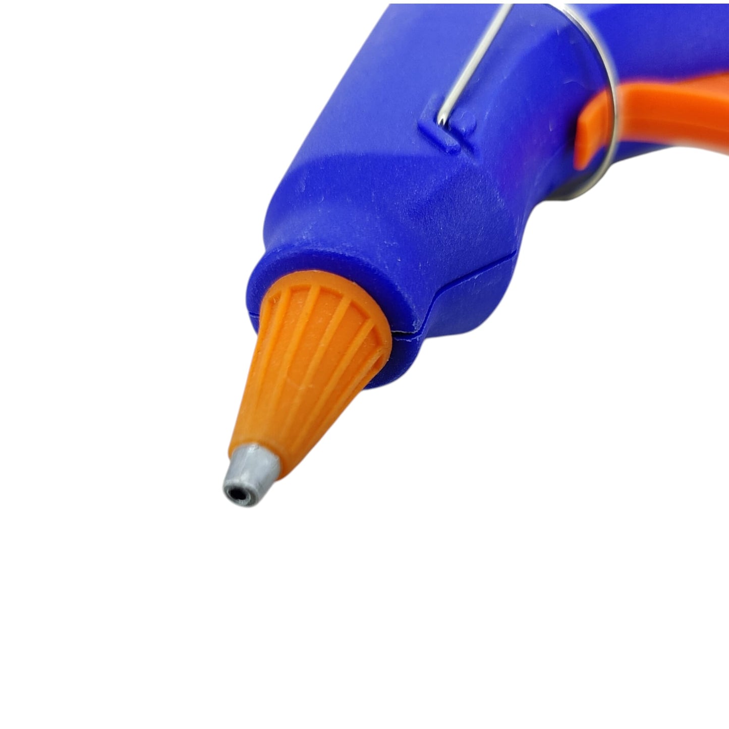 Macro shot of the metal precision heating nozzle on the 20W mini hot glue gun.