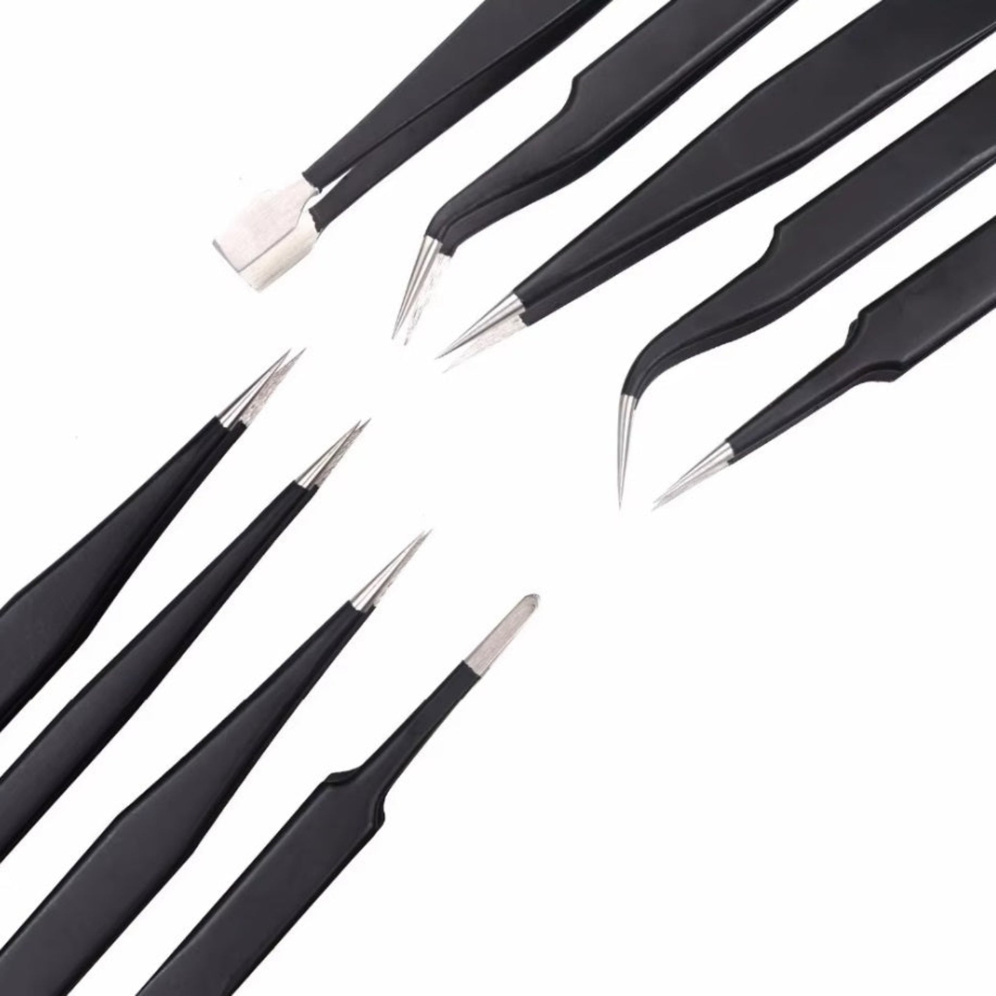 9pcs black stainless steel tweezers set for precision electronics and jewelry repair.