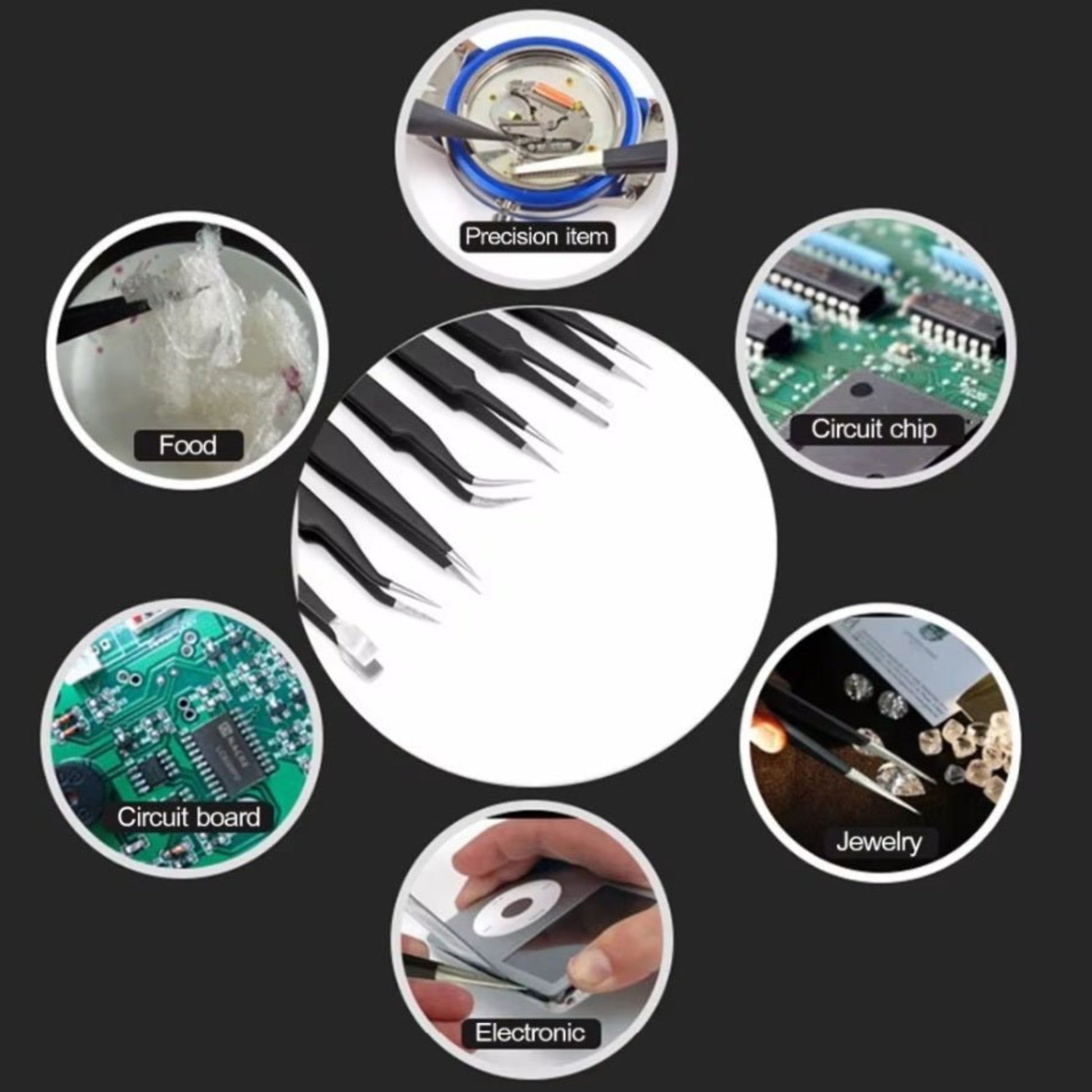9PCS stainless steel curved and straight tweezers kit for electronics, jewelry, food, and precision tasks.