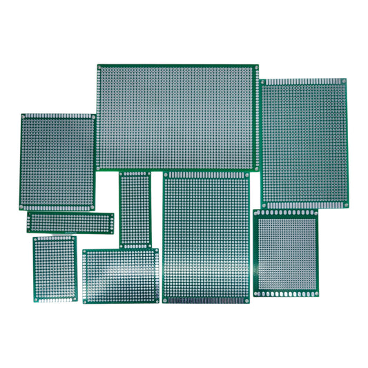Assortment of double-sided PCB prototyping boards in various sizes.