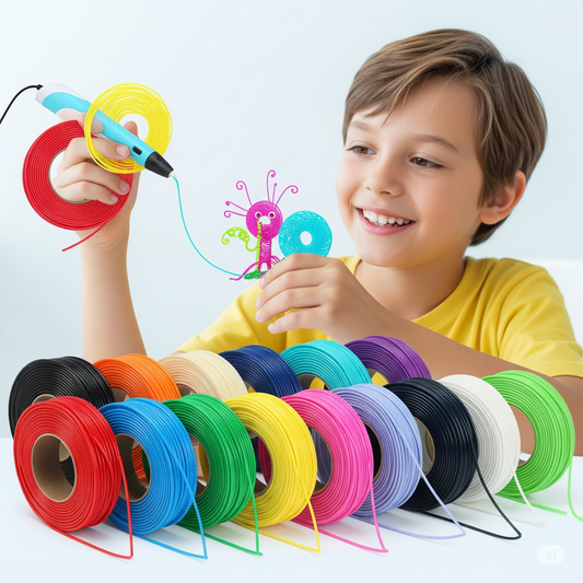 A smiling child uses a blue 3D pen with yellow filament to create a colorful figure, surrounded by spools of various PCL filament colors.