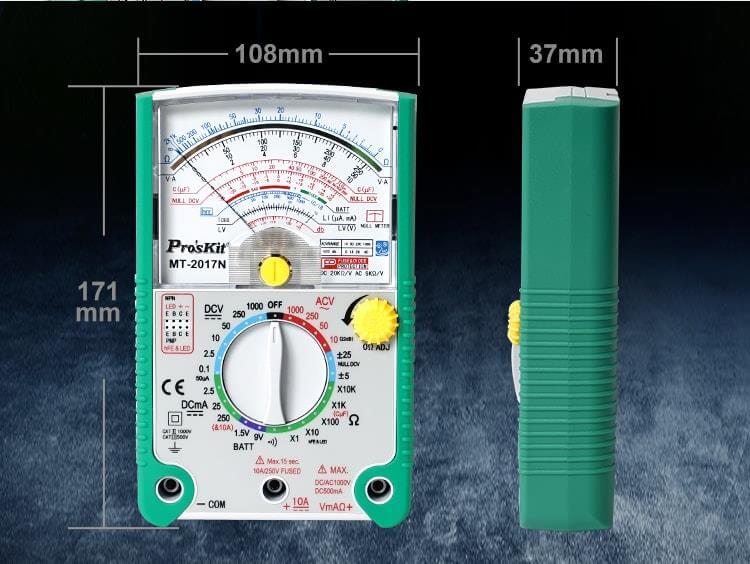 Pro'sKit MT-2017N analog multimeter showing measurements and dimensions, perfect for electricians and hobbyists.