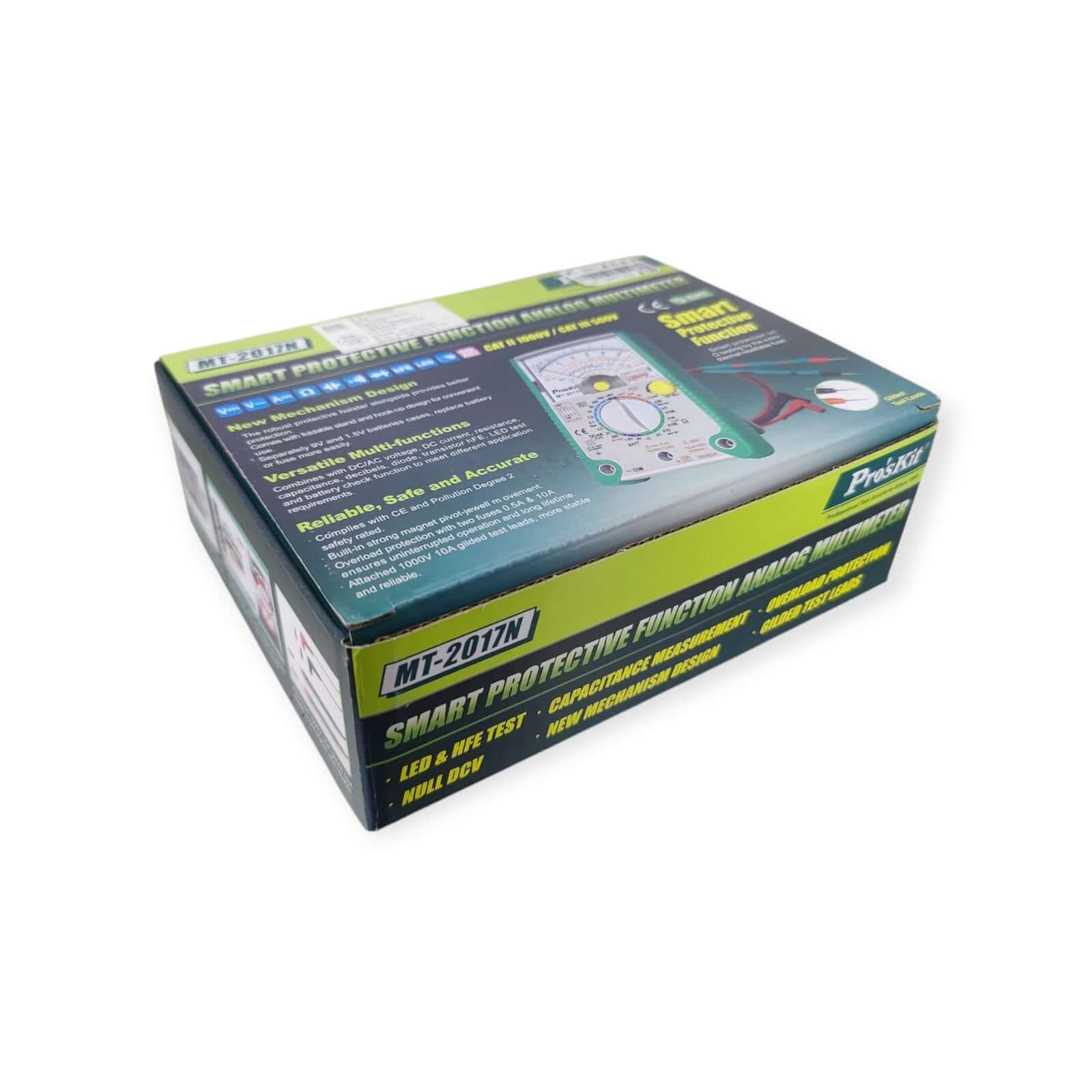 Pro'sKit MT-2017N analog multimeter packaging showcasing smart protective functions and testing features.