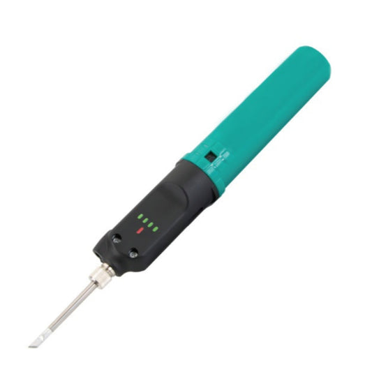 Soldering iron with green handle on a white background