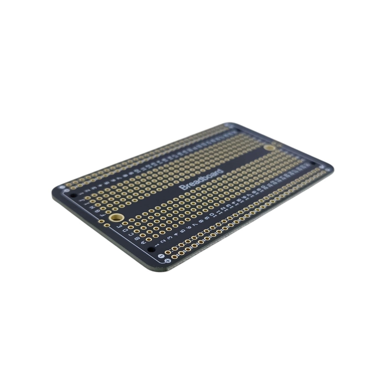 Angled close-up of breadboard-layout PCB showing 2.54mm pitch holes and high-quality FR-4 material.