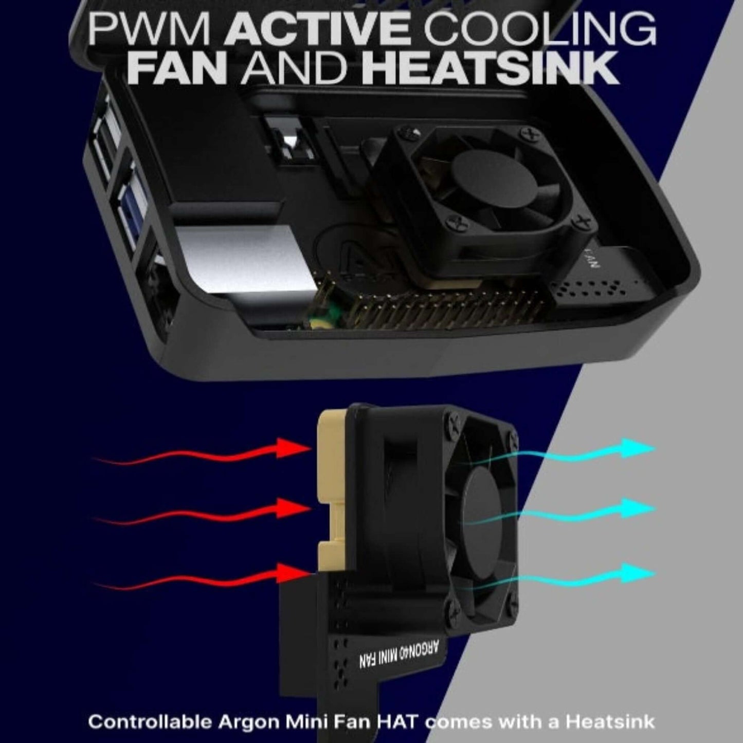 Interior view of the controllable PWM active cooling fan and aluminum heatsink for Pi 4.