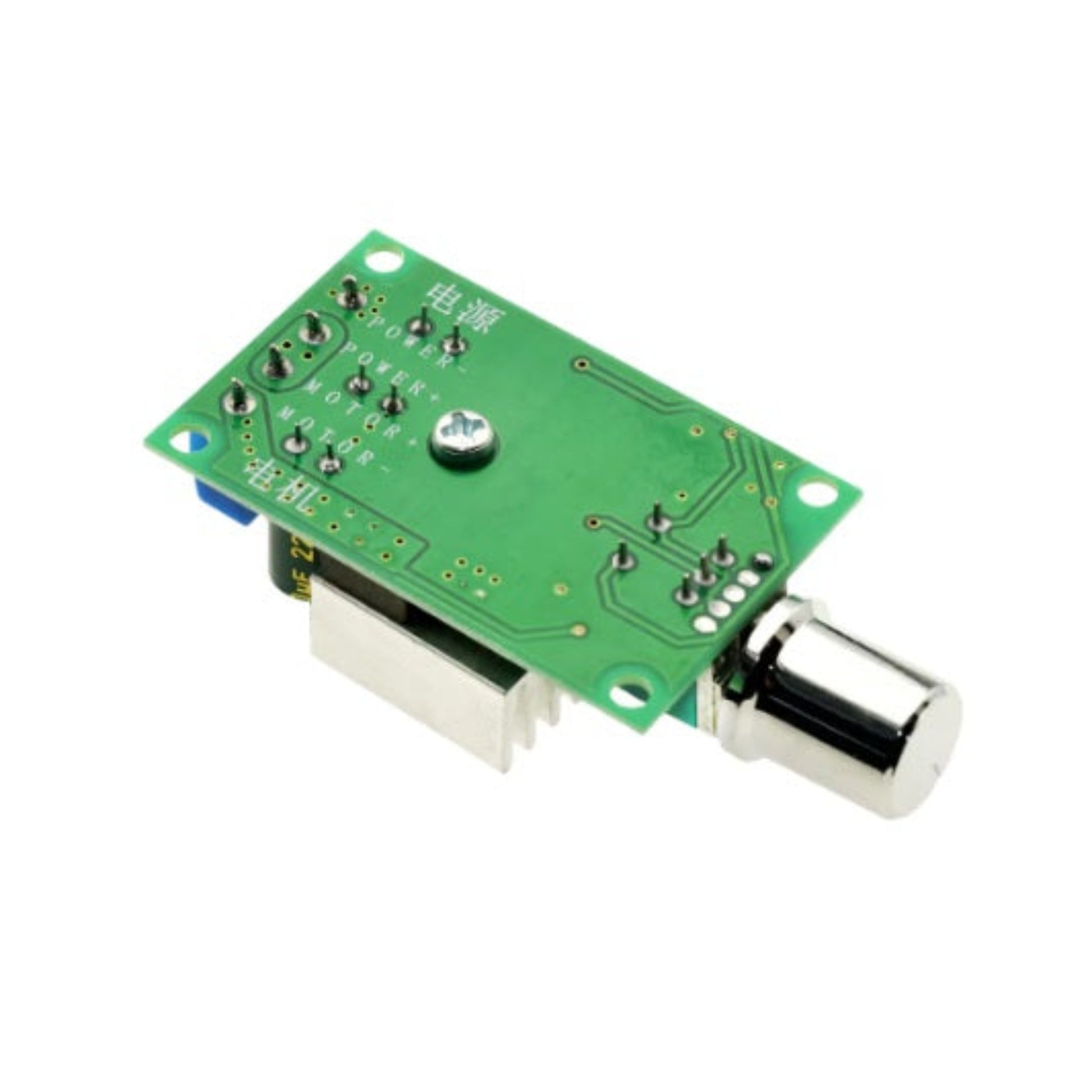 調速器 PCB 底部特寫，清晰印有 POWER 及 MOTOR 的正負極接線指示，防止用家駁錯線。