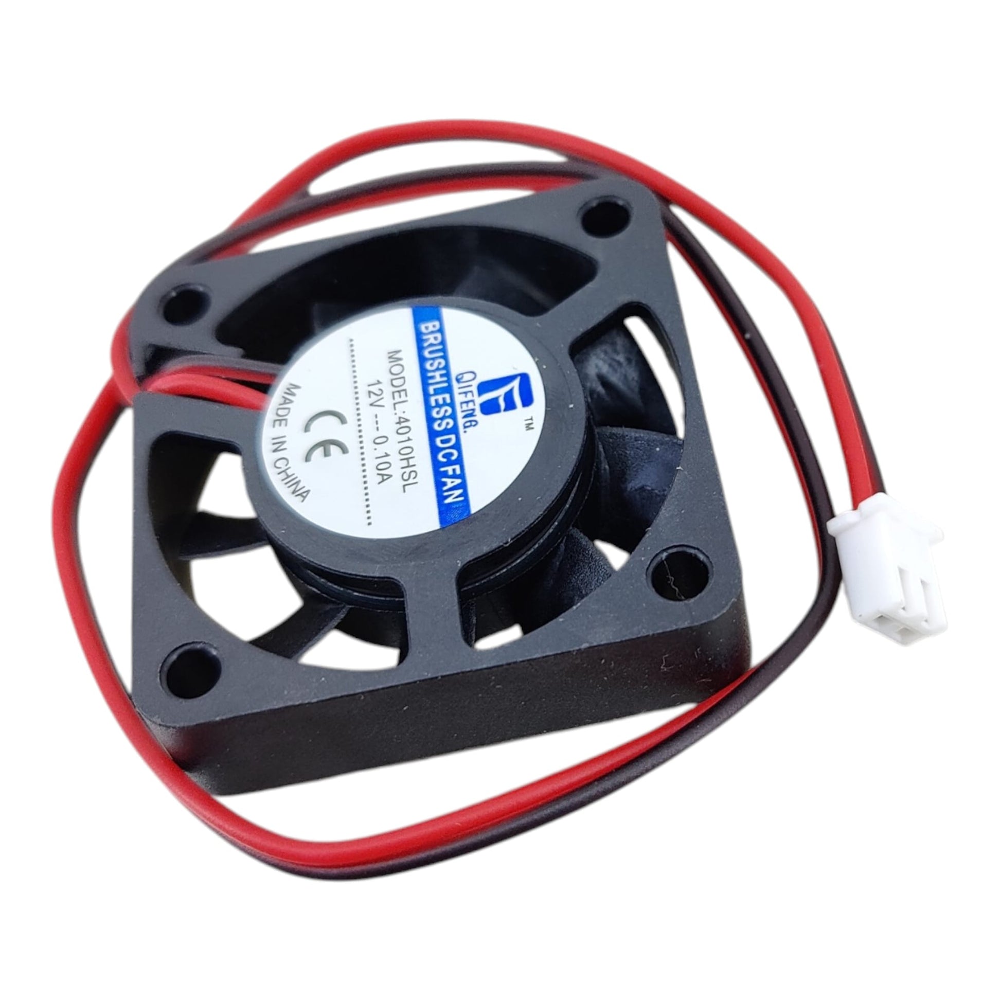 Angled view of the 40x40x10mm Qifeng DC fan highlighting the 2-pin connector wire.