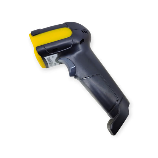 A yellow and black handheld 1D and 2D QR code barcode scanner shown from an angled perspective.