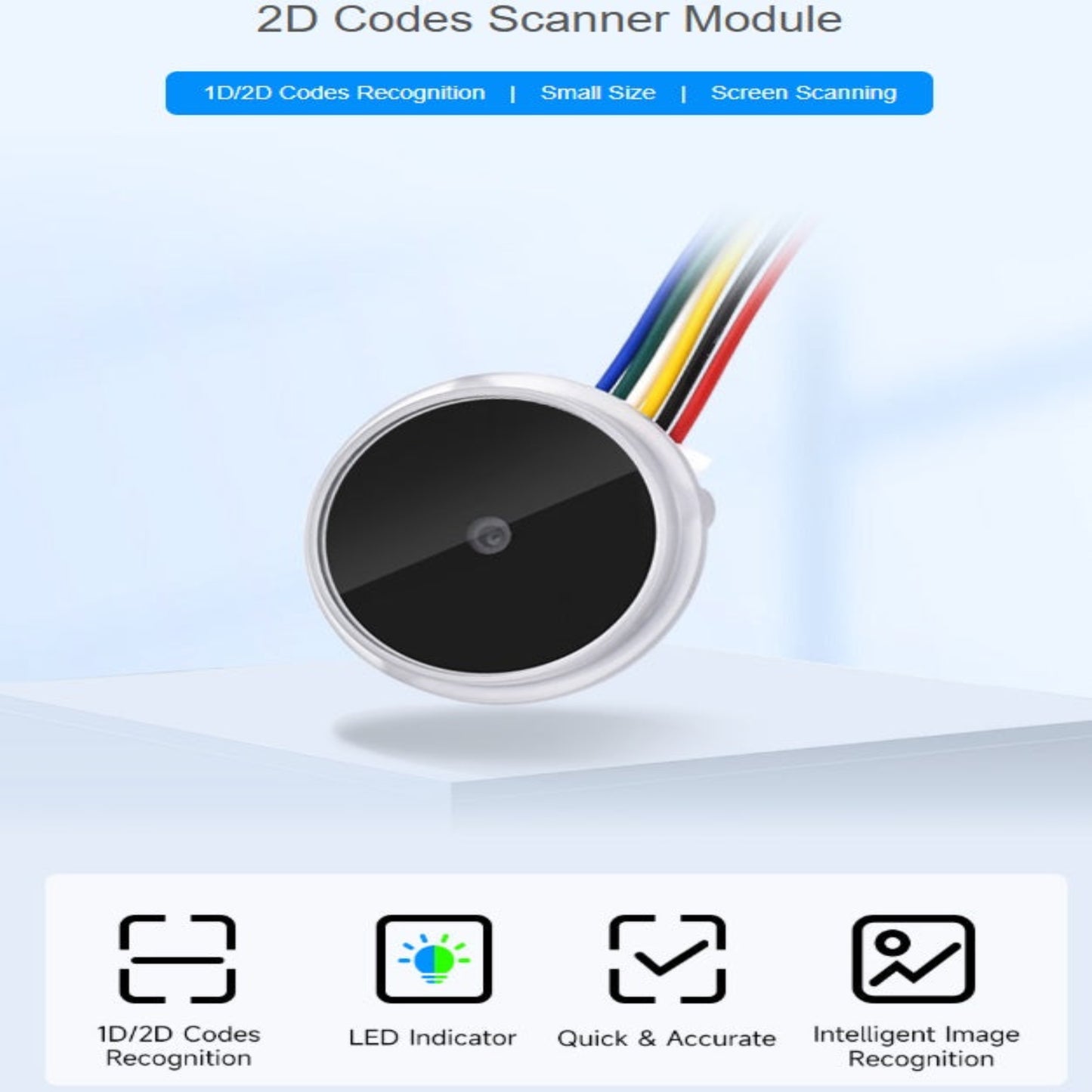 2D code scanner module featuring 1D/2D recognition and LED indicator.