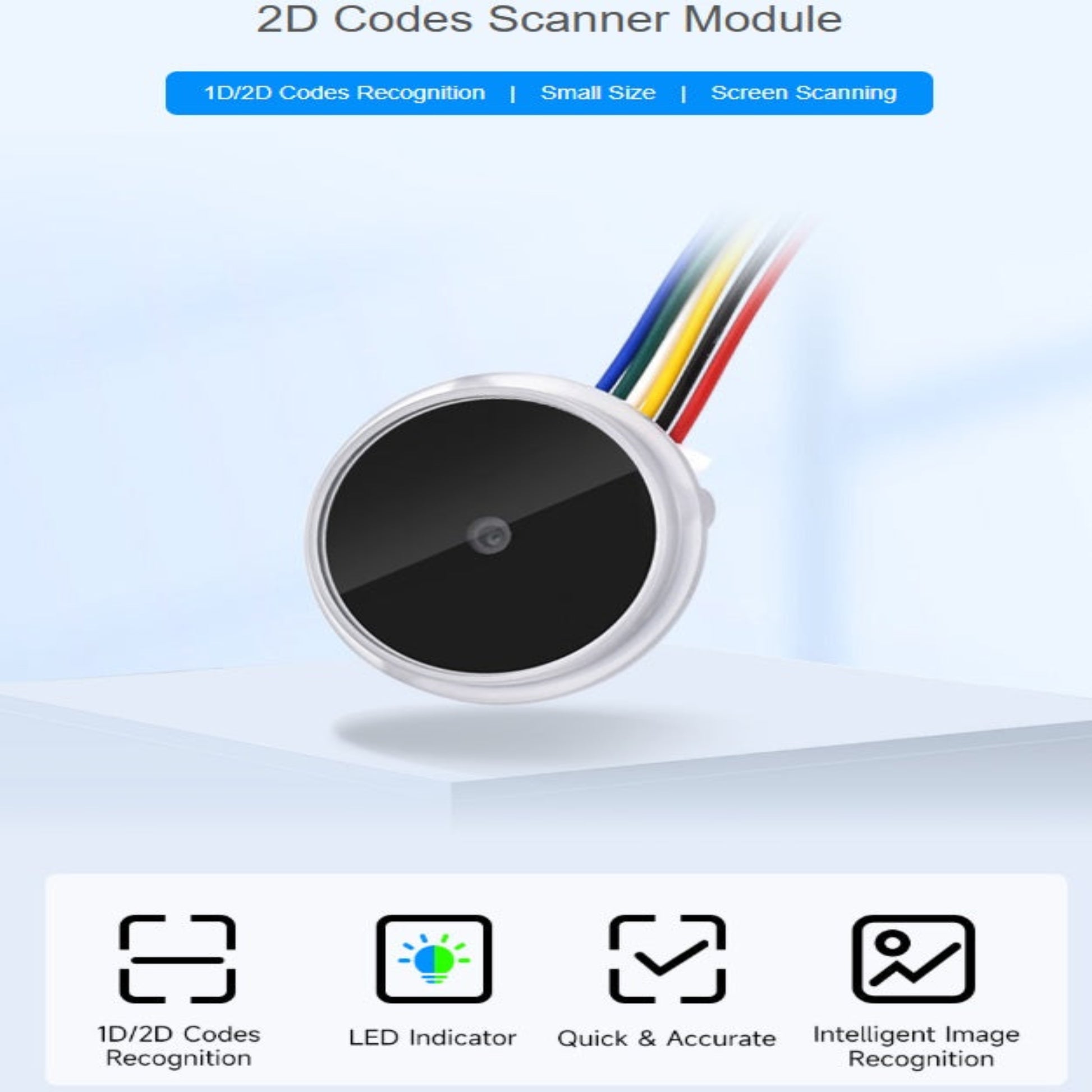 2D code scanner module featuring 1D/2D recognition and LED indicator.