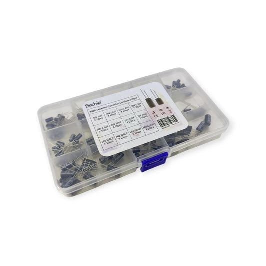 Organized 120-piece electrolytic capacitor kit with 12 values (1uF-470uF), 16V, 25V, and 50V ratings.