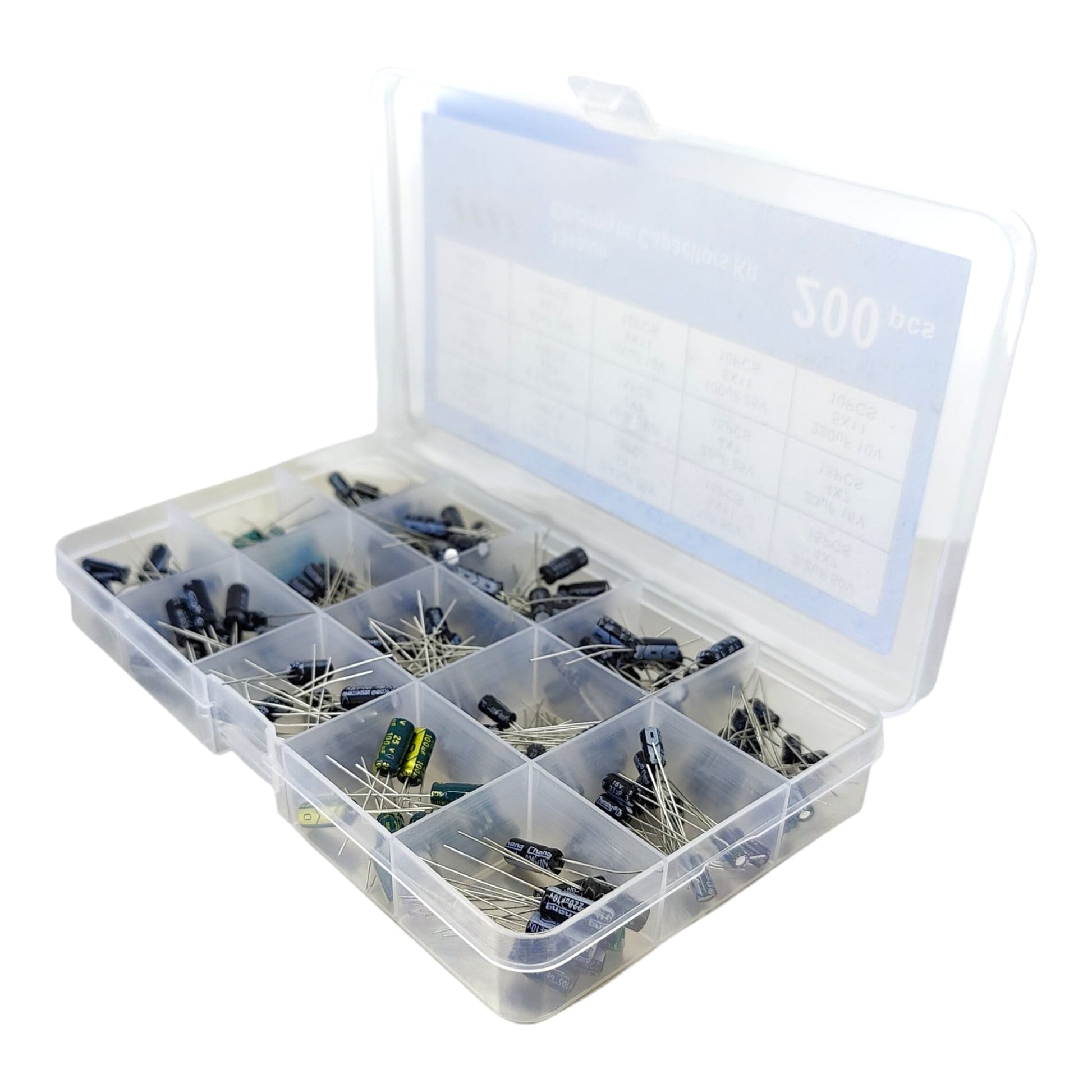 Side angle of an open 15-value electrolytic capacitor kit showing various radial lead component sizes.