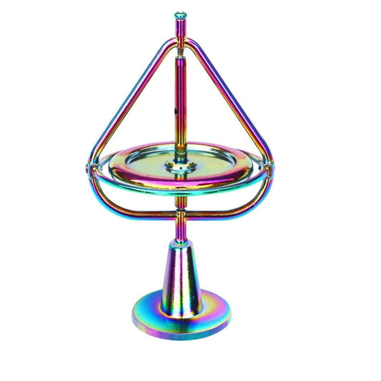 Rainbow anti-gravity metal gyroscope fidget toy on stand for focus and desk decor