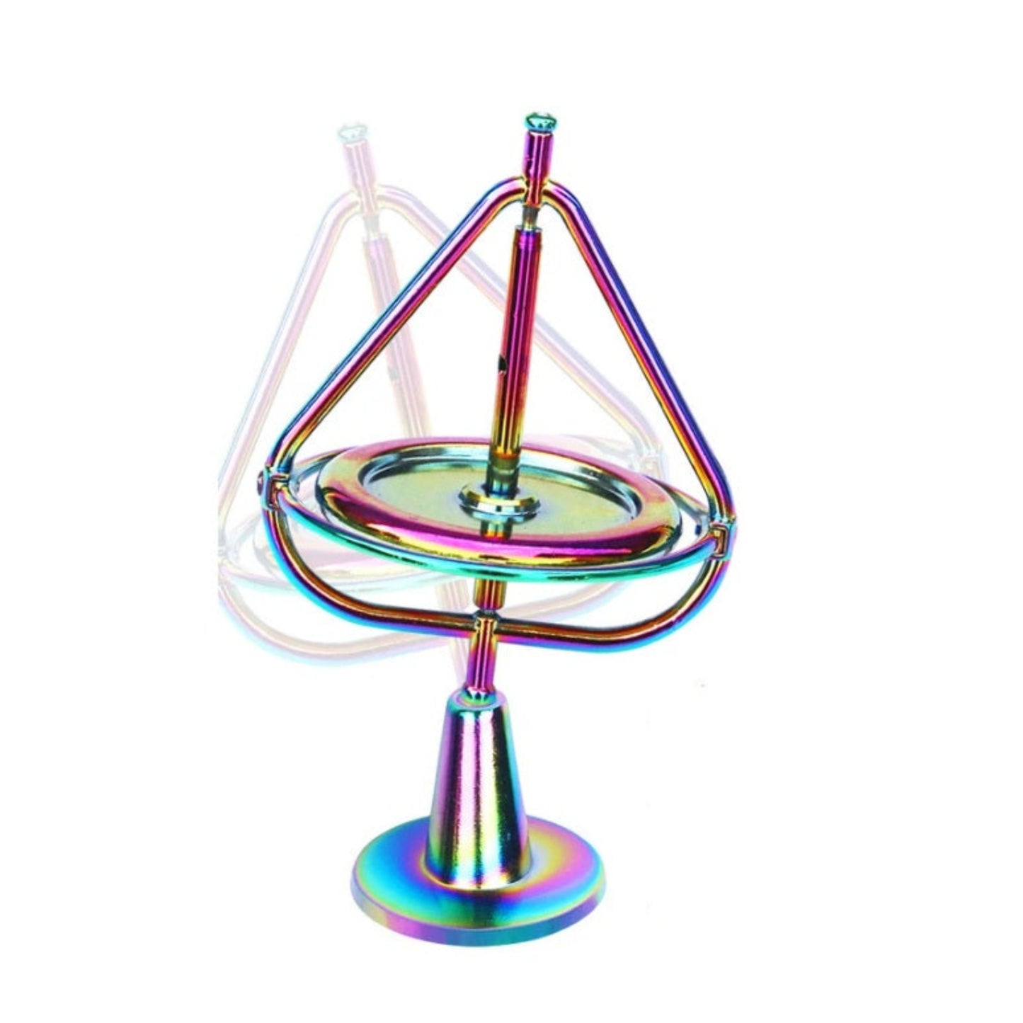 Two rainbow anti-gravity gyroscopes, one on stand and one spinning on finger against space background
