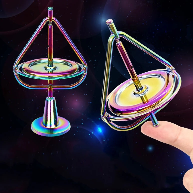 Hands spinning a rainbow anti-gravity gyroscope with pull string to show balance and motion
