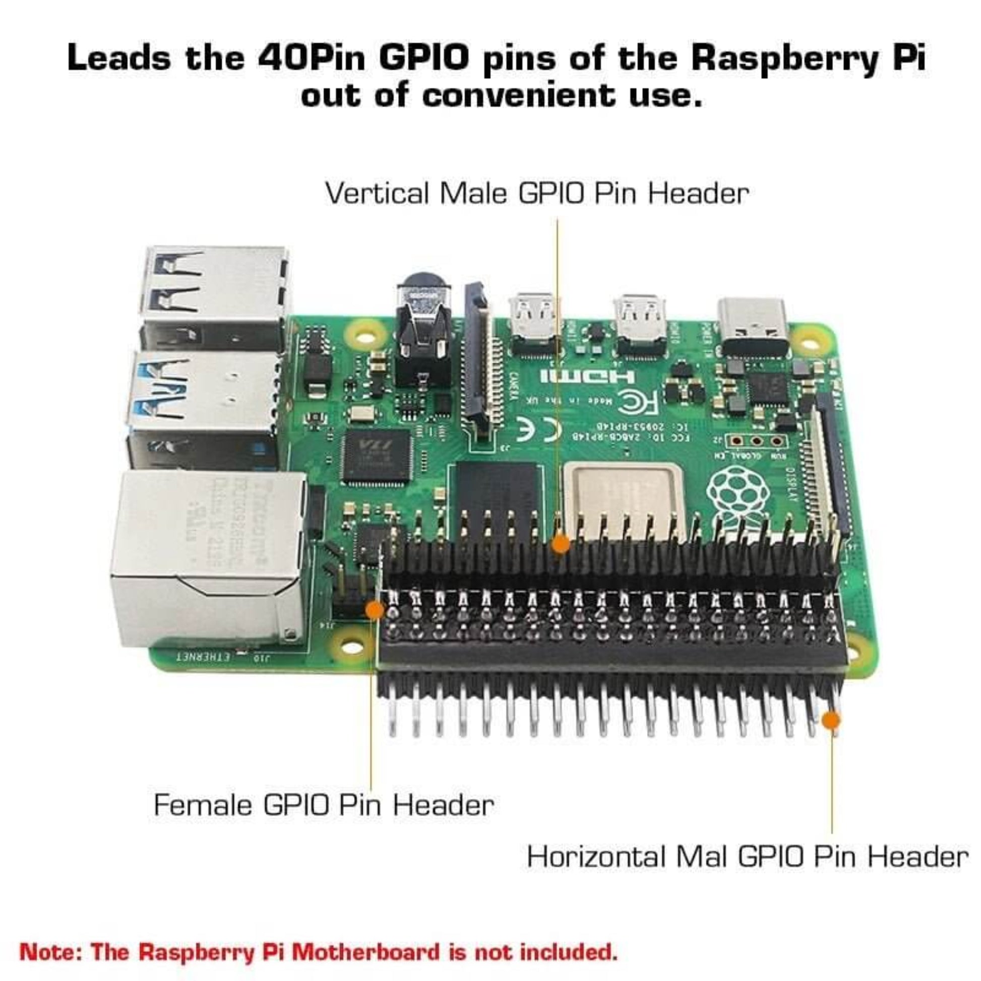 Raspberry Pi 4B with GPIO pin headers, showcasing vertical and horizontal male headers for expansion.