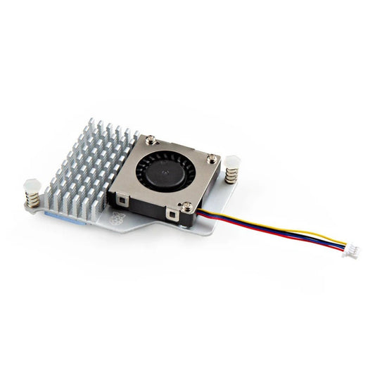 Raspberry Pi 5 Active Cooler with adjustable speed fan and metal heatsink, designed for efficient cooling.