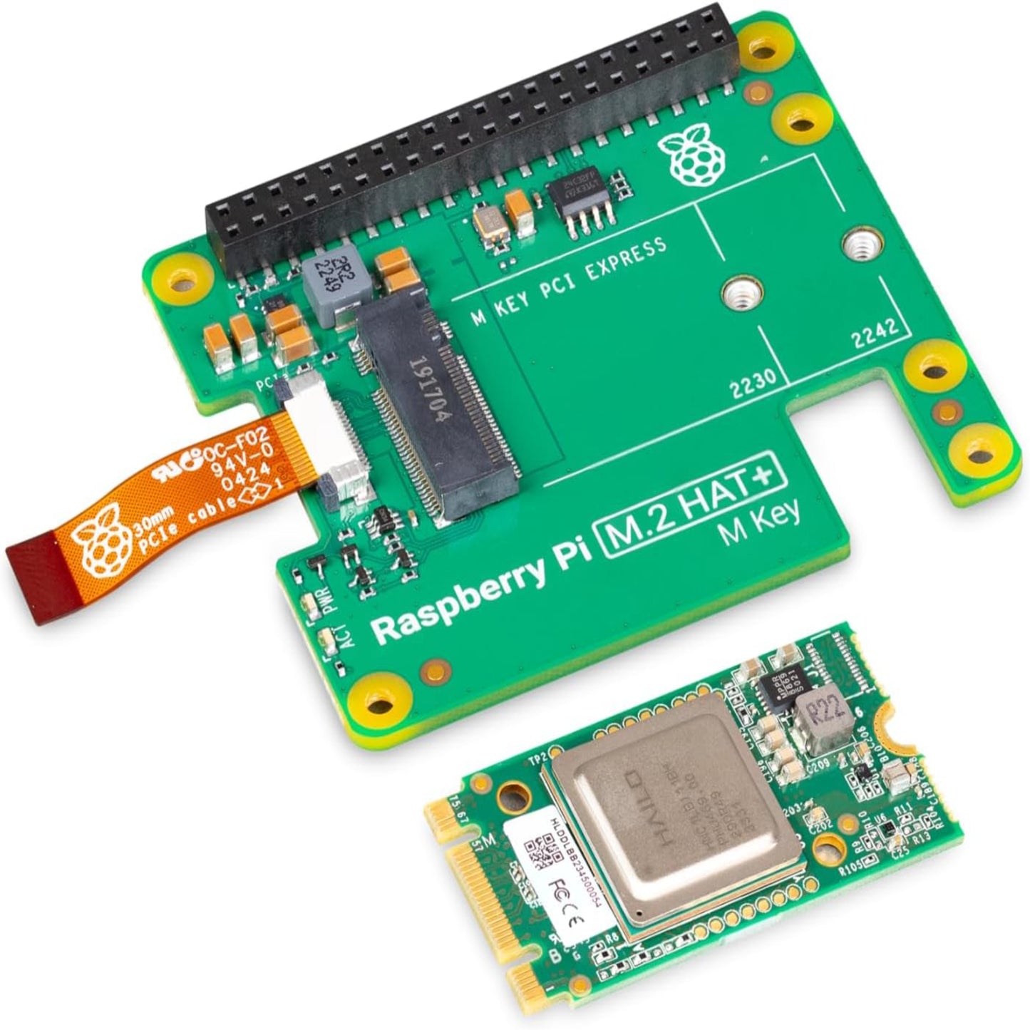 Raspberry Pi M.2 HAT+ with neural network accelerator for Raspberry Pi 5, enhancing AI capabilities.