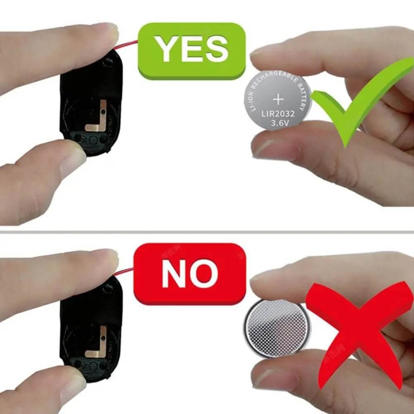 Focuses on the crucial detail shown: the compatibility with the rechargeable LIR2032 battery type.