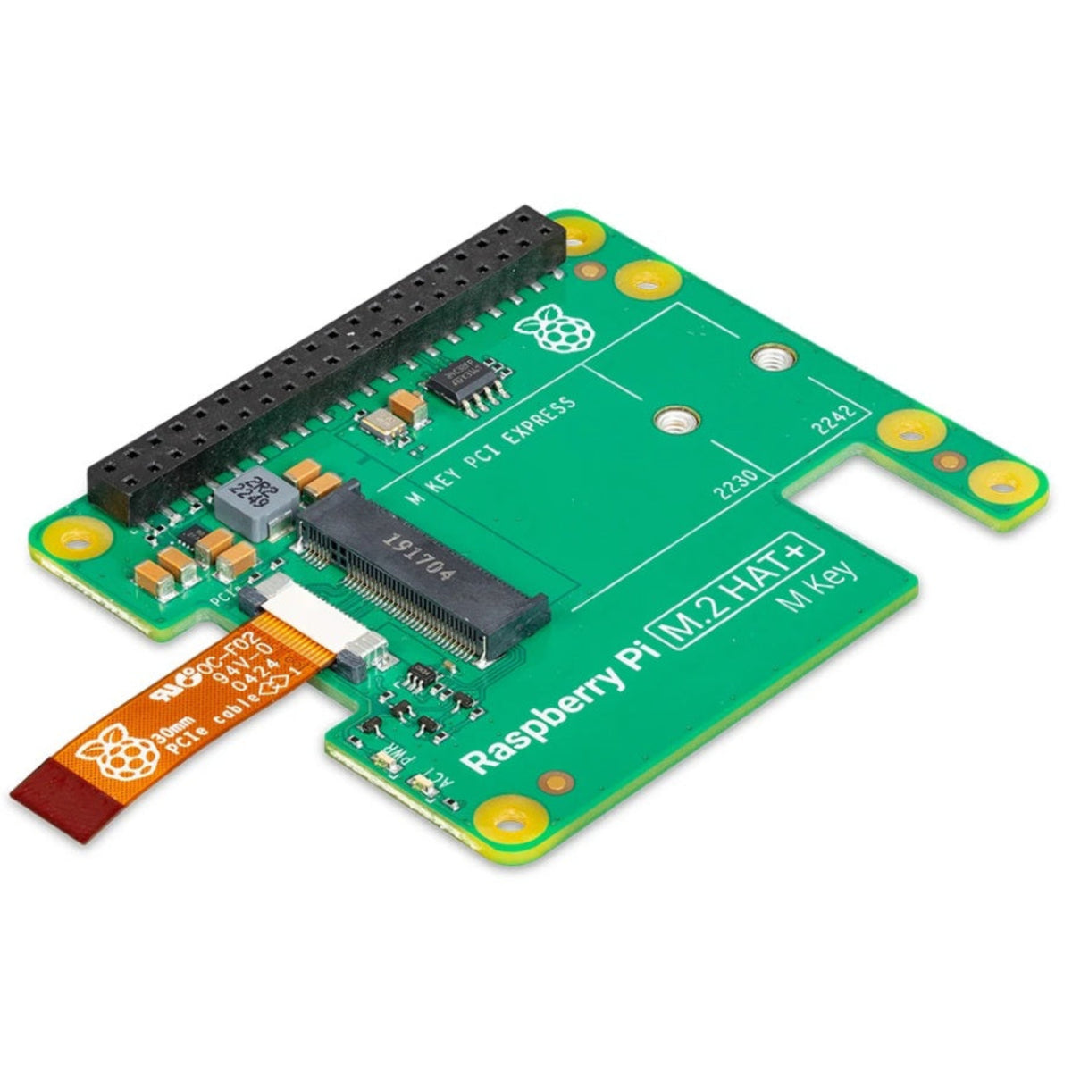 M.2 HAT+ 擴展板，展示用於連接 Raspberry Pi 5 的 16-pin PCIe 專用排線。