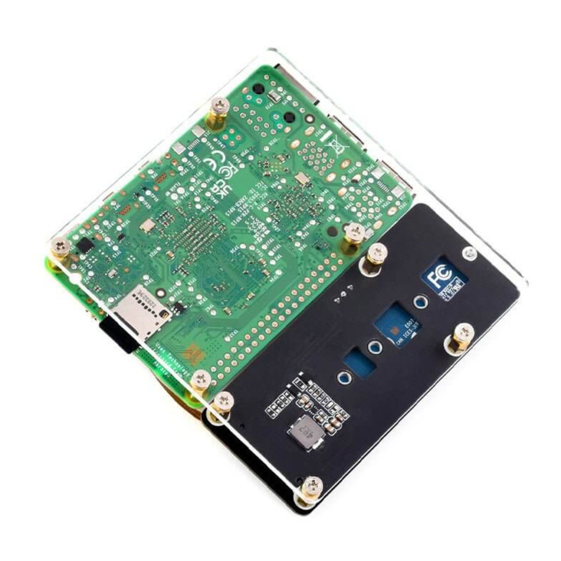 Bottom view of the Raspberry Pi 5 main board with the PCIe to M.2 NVMe (C) adapter secured by screws.