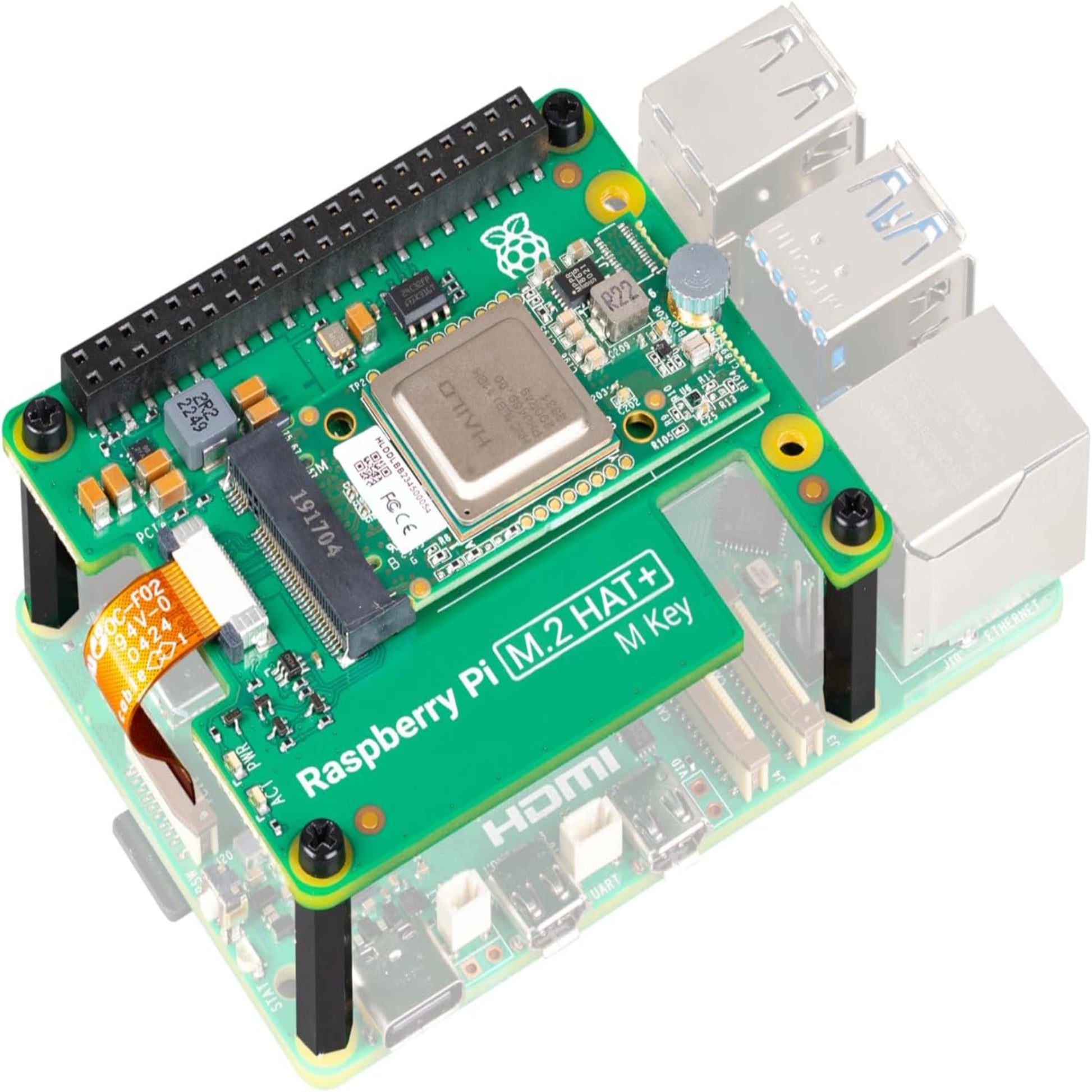 Raspberry Pi AI Kit with M.2 HAT+, showcasing integrated components and thermal features for enhanced performance.