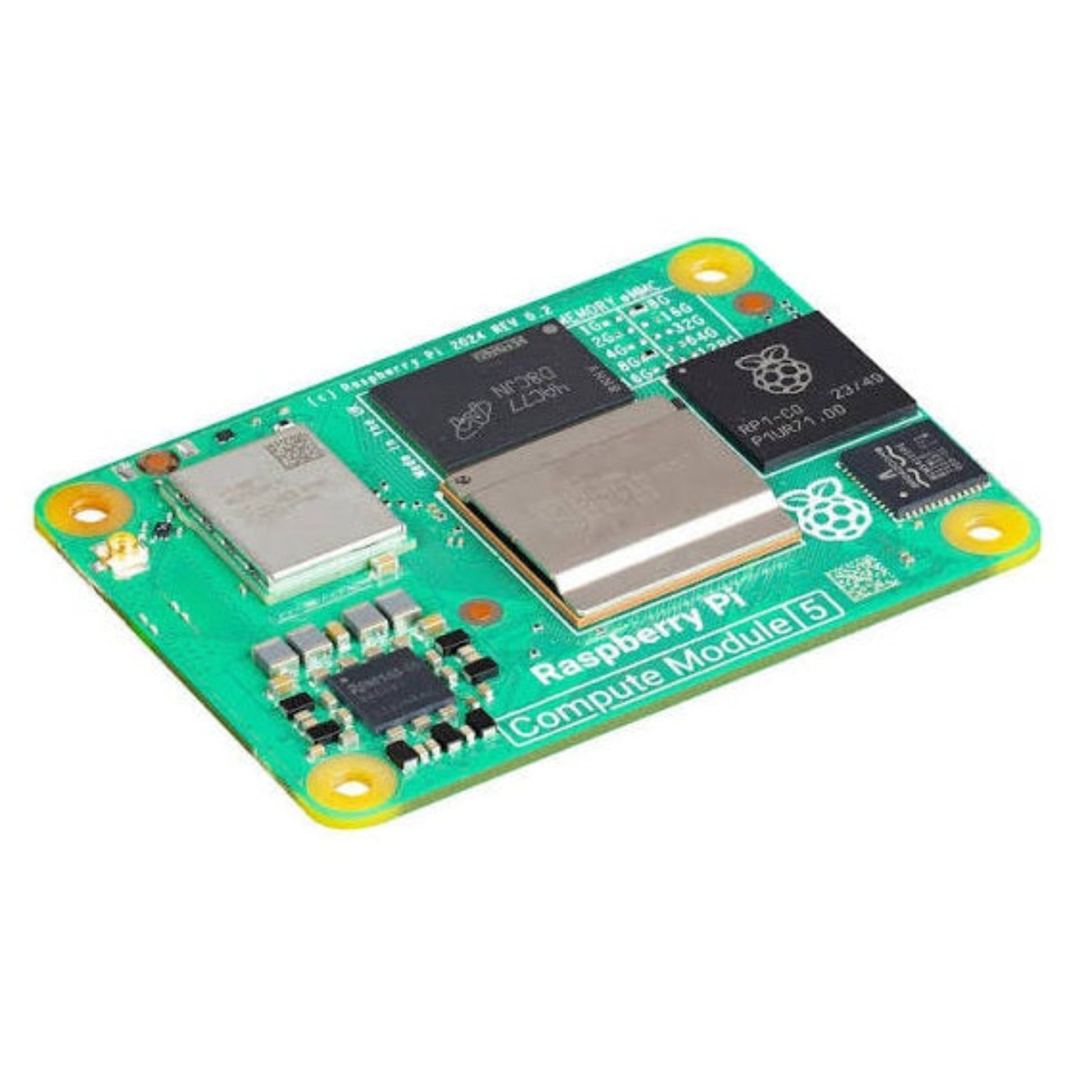 Top view of the Raspberry Pi Compute Module 5 (CM5108032), showing the BCM2712 processor, 8GB RAM, and 32GB eMMC storage.
