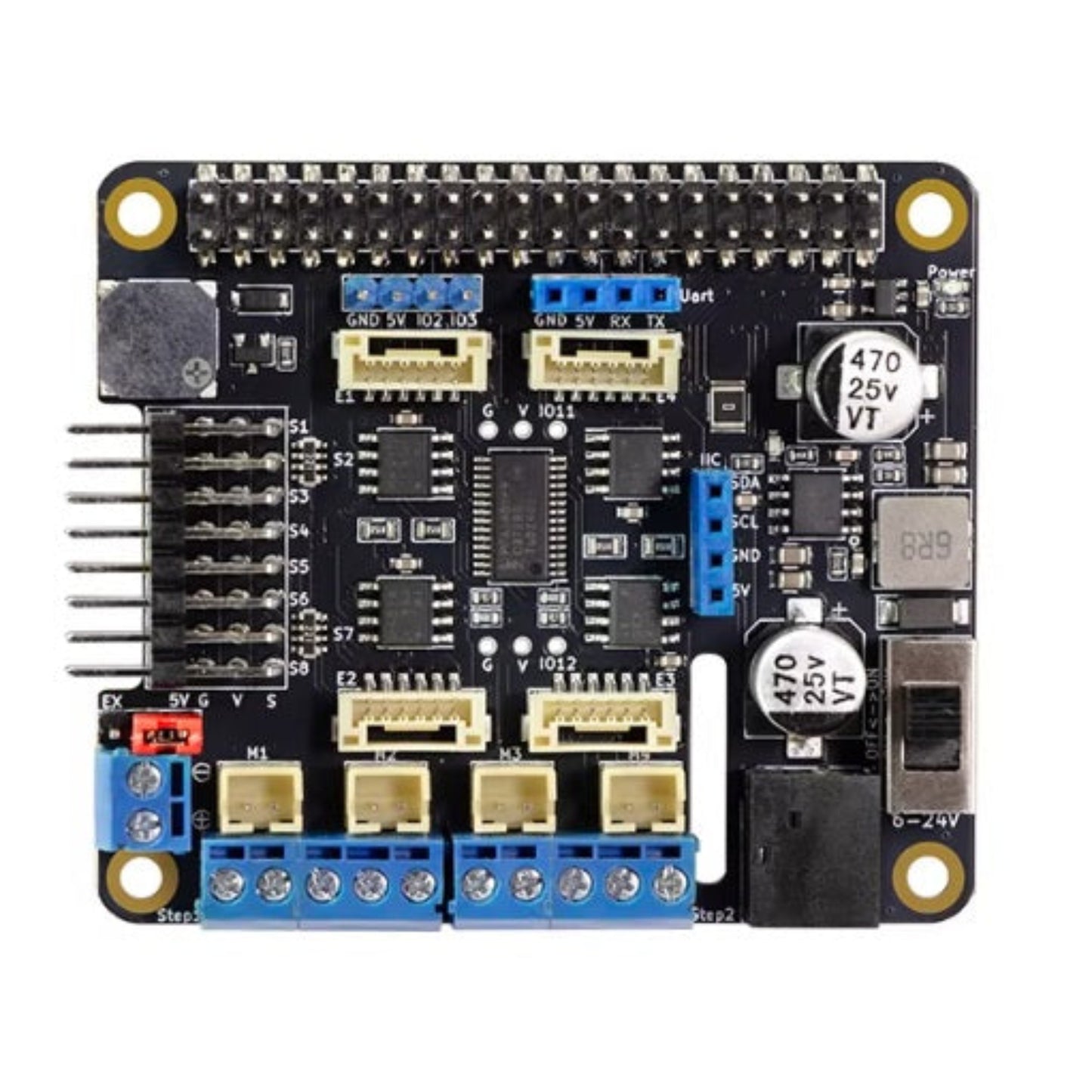 Top view of the Raspberry Pi motor driver expansion board highlighting GPIO pins and power switches.