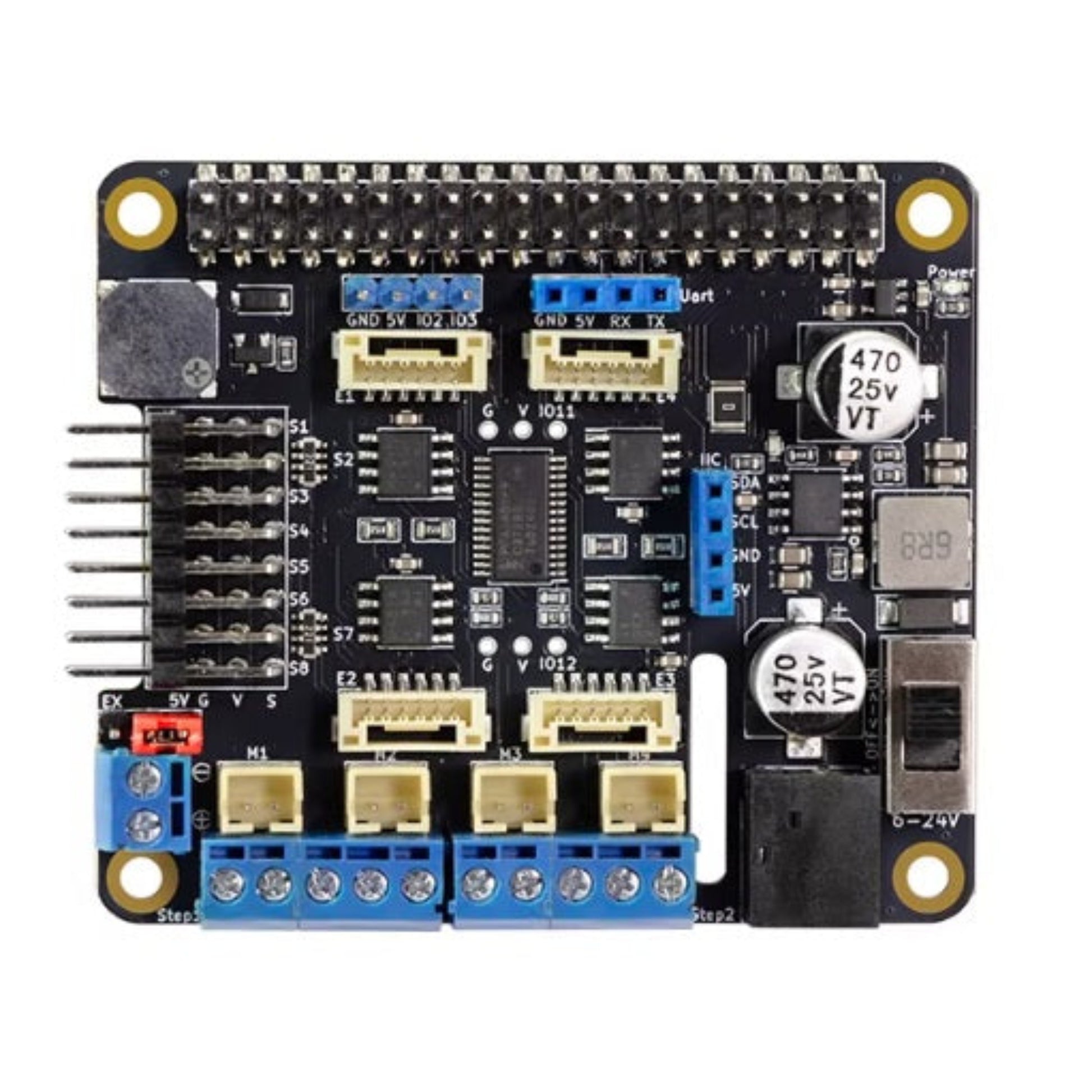 Top view of the Raspberry Pi motor driver expansion board highlighting GPIO pins and power switches.