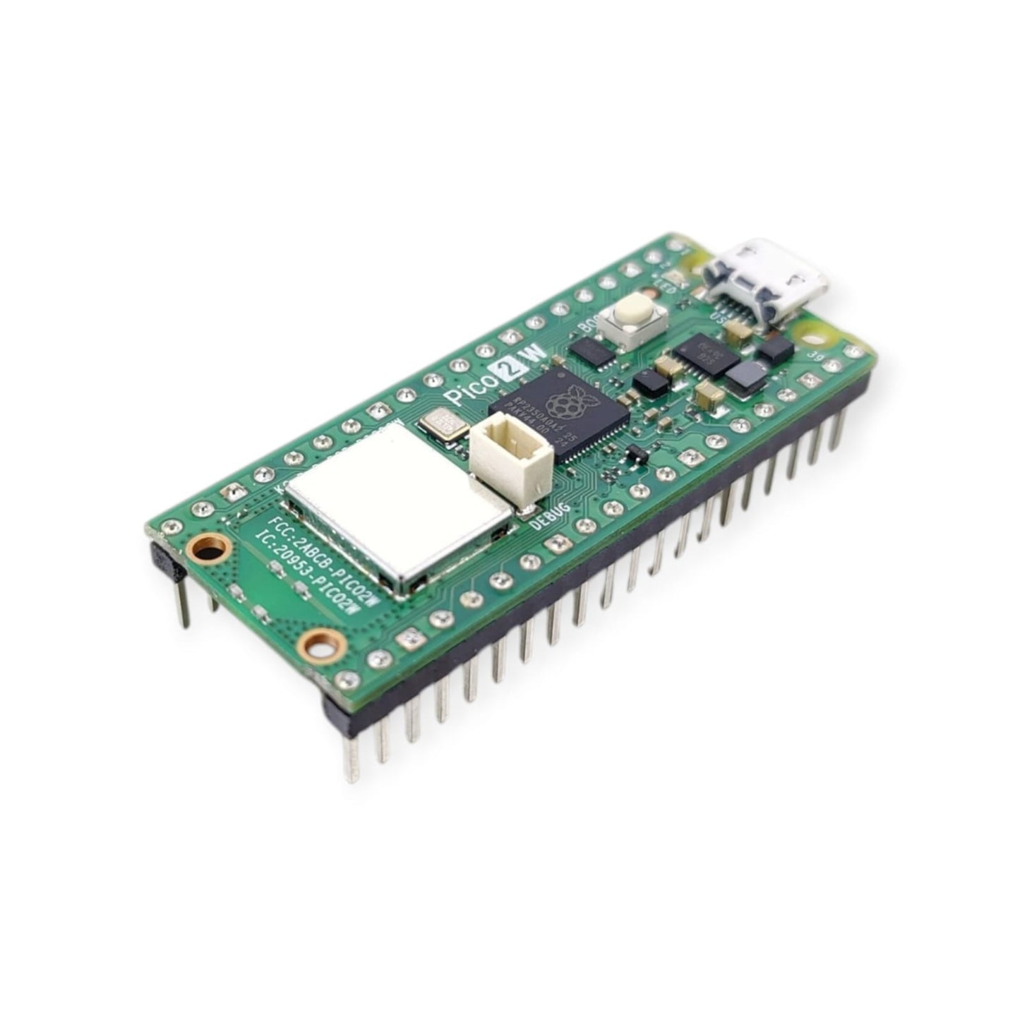 Angled side view of the Raspberry Pi Pico 2 W with headers, highlighting the micro-USB port, BOOTSEL button, and RP2350 chip.