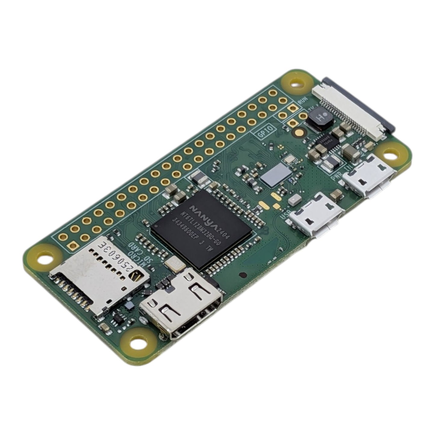 Top angled view of the Raspberry Pi Zero W motherboard showing the Broadcom BCM2835 SoC and unpopulated GPIO pins.