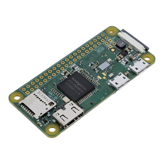 Top angled view of the Raspberry Pi Zero W motherboard showing the Broadcom BCM2835 SoC and unpopulated GPIO pins.