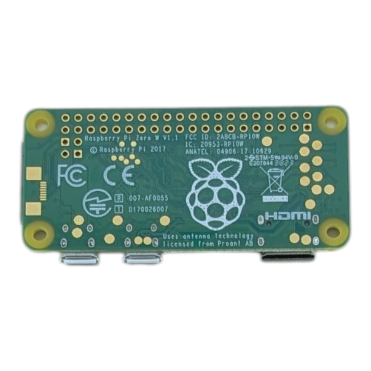 Bottom view of the Raspberry Pi Zero W motherboard displaying the official Raspberry Pi logo and wireless antenna area.