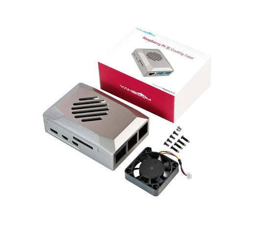Silver ABS case for Raspberry Pi 5 with PWM cooling fan and removable cover, featuring a stylish design.