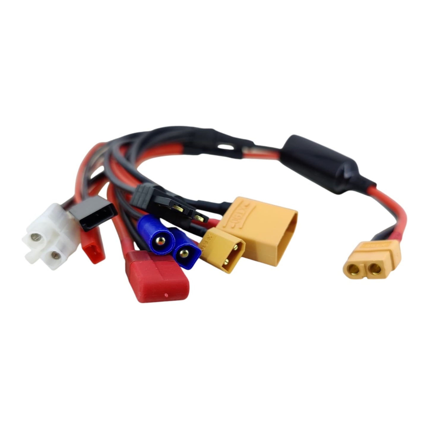 A side-angle view of the universal 8-in-1 charging lead, highlighting the various RC battery connector types.