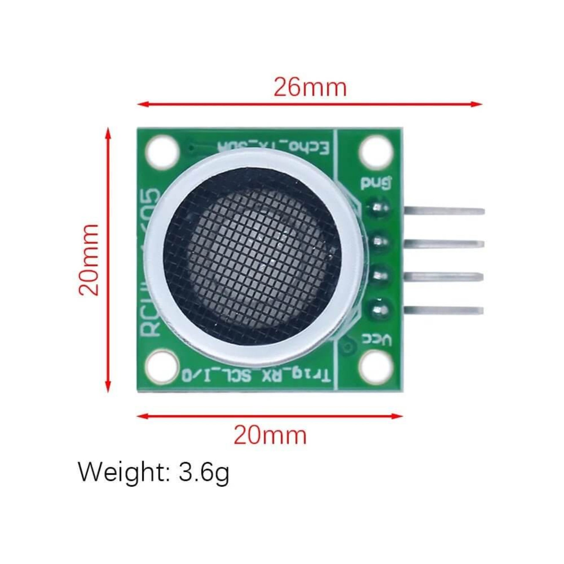 RCWL-1605 ultrasonic ranging module for Arduino, showing dimensions and weight for easy integration into projects.