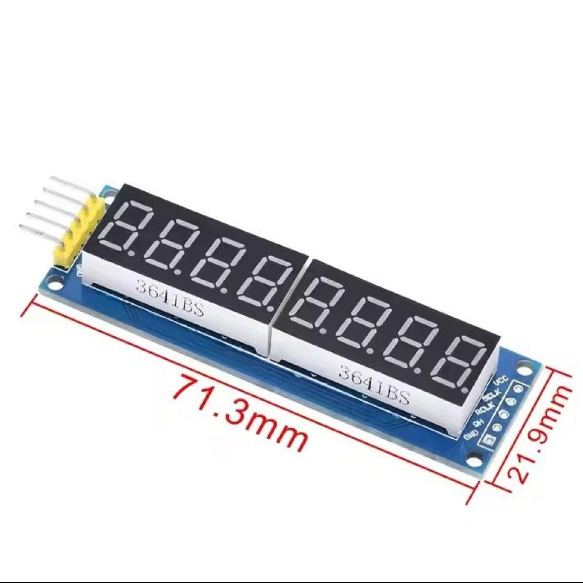 8-bit Digital LED Display Module with 7 segments, measuring 71.3mm x 21.9mm for Arduino projects.