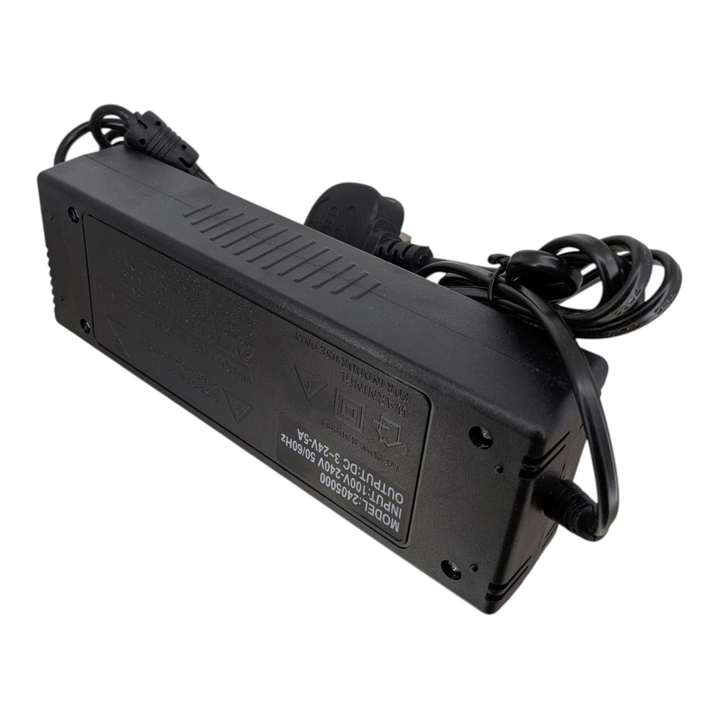 可調電壓火牛底部標籤，清晰印有輸入 100-240V 及輸出 3-24V 5A 等技術規格。