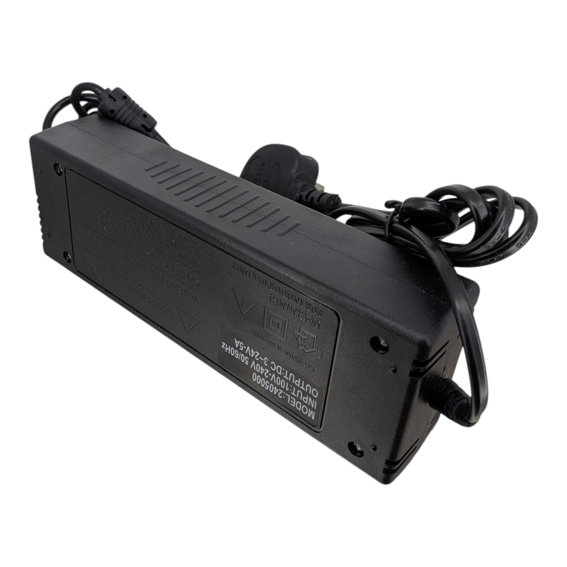 可調電壓火牛底部標籤，清晰印有輸入 100-240V 及輸出 3-24V 5A 等技術規格。