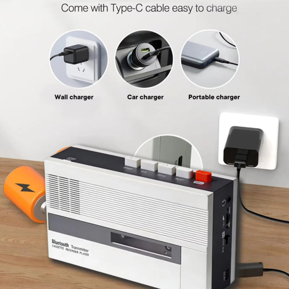 Rechargeable retro cassette player with Type-C port connected to wall power charger