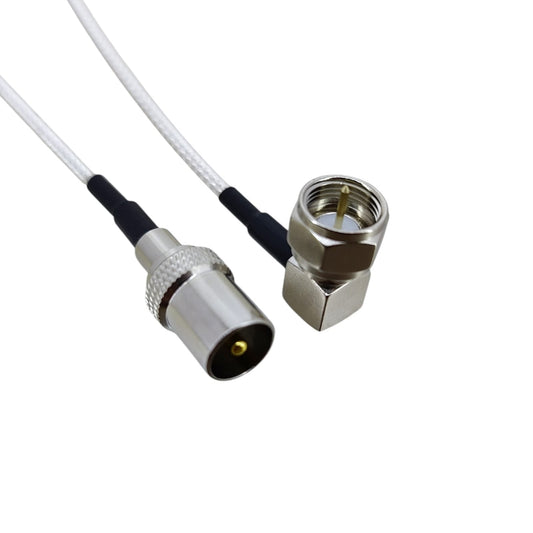 Detail view of RF male plug and F-type screw-on right angle connector with gold-plated center pins.