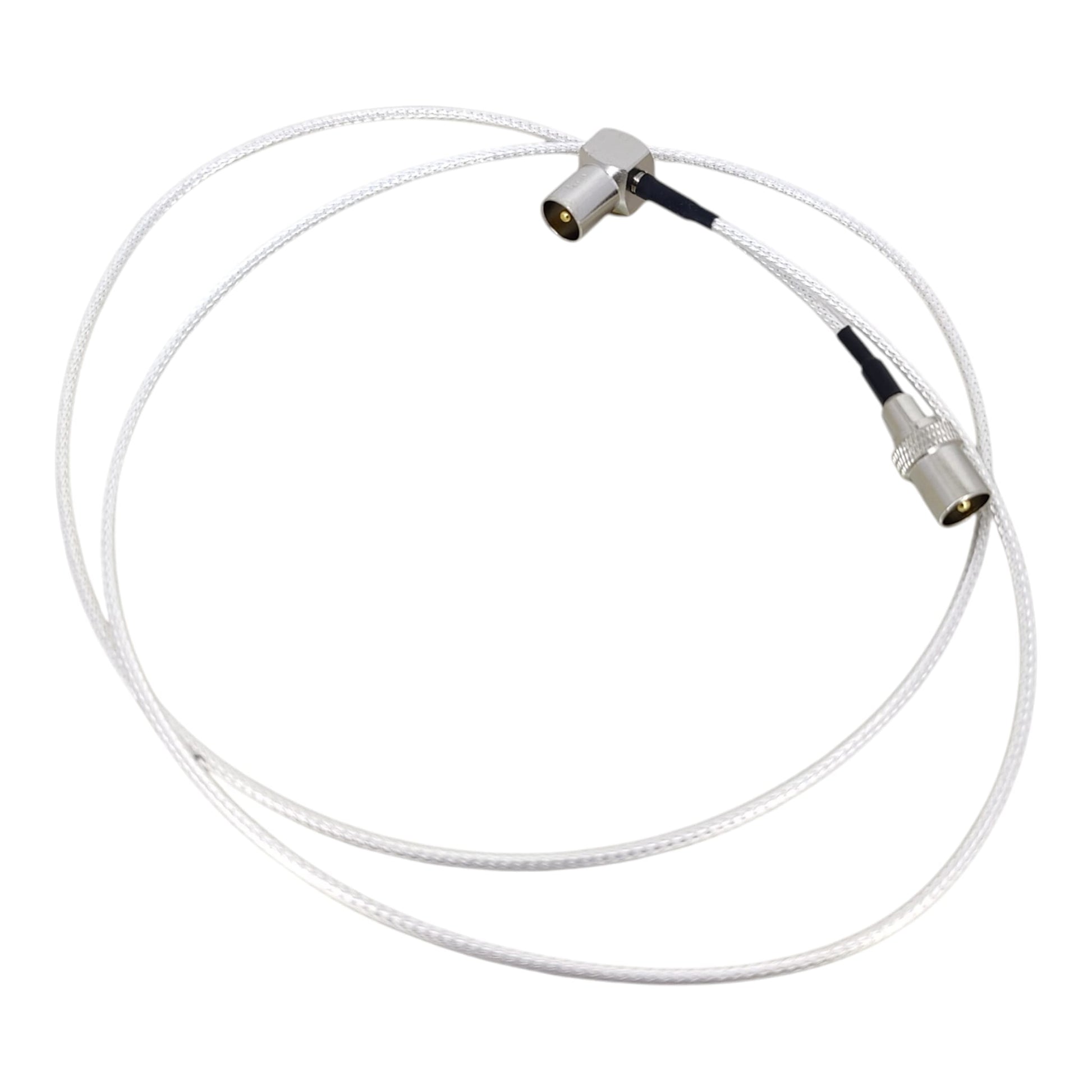 1m Male to Male RF TV antenna cable, silver braided digital coaxial cord with right-angle connector.
