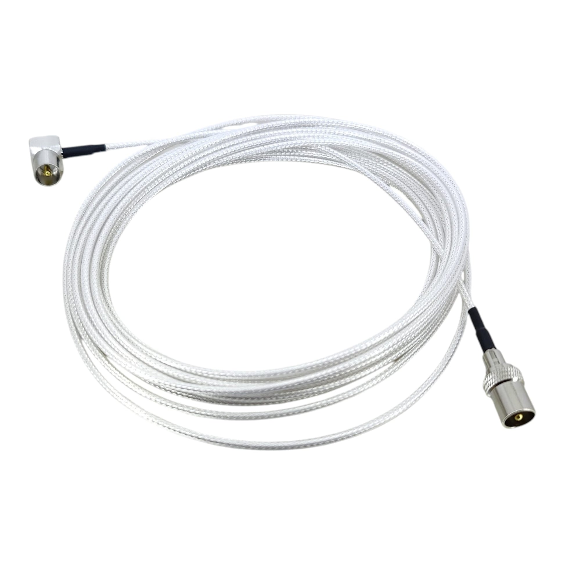 5m RF TV antenna coaxial cable, male to male silver braided cord with 90-degree right-angle plug.